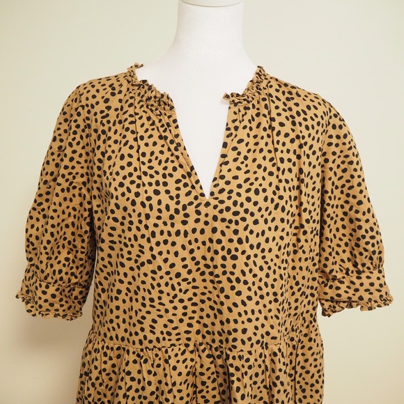 J.Crew Dresses & Skirts - J.Crew Tiered Ruffle Neck Popover Mini Dress Medium‎ Leopard Polka Dot Cotton